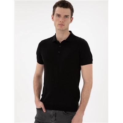 Siyah Slim Fit Düğmeli Polo Yaka Triko Tişört