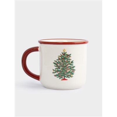 Кружка, 470 мл, с ложкой, керамика D/сталь, красная, Елка/Лошадка-качалка, Bright horse