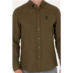 Erkek Haki Uzun Kollu Basic Gömlek