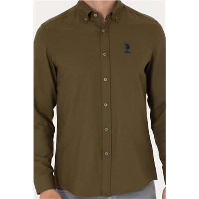 Erkek Haki Uzun Kollu Basic Gömlek