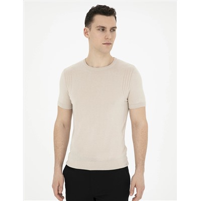 Bej Slim Fit Bisiklet Yaka Triko Tişört