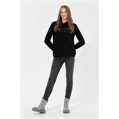 Kadın Siyah Kapüşonlu Basic Sweatshirt