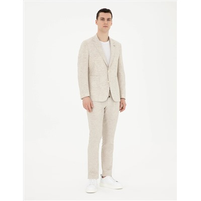 Bej Slim Fit Keten Karışımlı Çizgili Takım Elbise