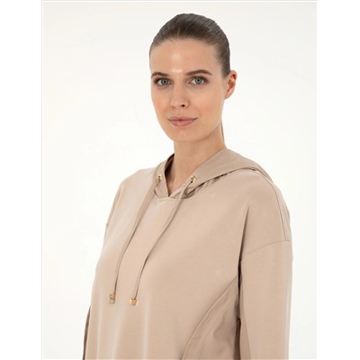 Bej Oversize Kapüşonlu Modal Kumaş Sweatshirt