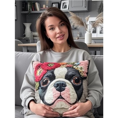 Наволочка декоративная Собака с цветами серый