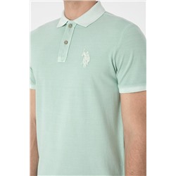 Erkek Slim Fit Polo Yaka Su Yeşili Yıkamalı Basic Tişört