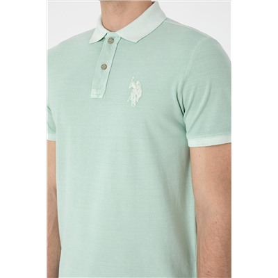 Erkek Slim Fit Polo Yaka Su Yeşili Yıkamalı Basic Tişört
