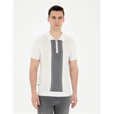 Beyaz Slim Fit Fermuarlı Polo Yaka Triko Tişört