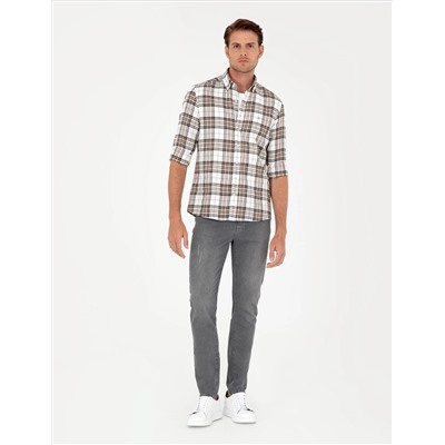 Kahverengi Ekose Slim Fit Uzun Kollu Gömlek