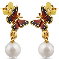 Серьги (эмаль красная, жемчуг белый; покрытие: золото)
