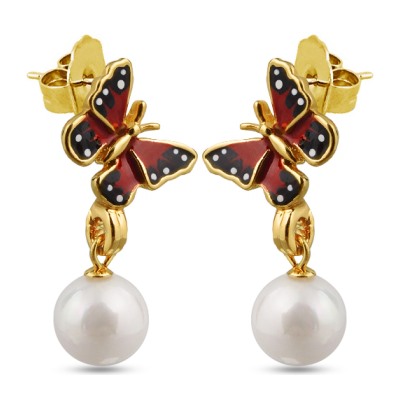 Серьги (эмаль красная, жемчуг белый; покрытие: золото)