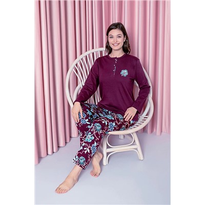 AHENGİM Kadın Pijama Takımı Anne Interlok Alt Şal Desen Pamuklu Mevsimlik W30042259 1-2-10001200