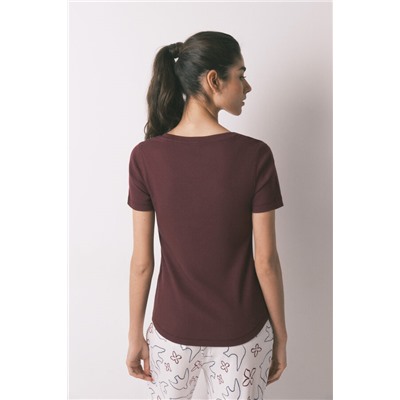 Camiseta manga corta algodón canalé granate