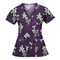 UA Vibrant Blossoms Black Mock Wrap Scrub Top