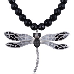 Колье Стрекоза (эмаль серая, черная, агат; покрытие матовый родий) 45-50см, Есть комплект