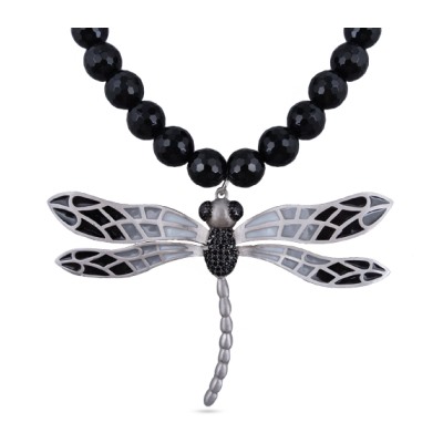 Колье Стрекоза (эмаль серая, черная, агат; покрытие матовый родий) 45-50см, Есть комплект