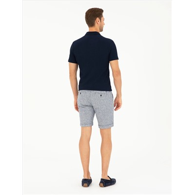 Açık Lacivert Slim Fit Keten Karışımlı Beli Lastikli Bağcıklı Dokuma Şort