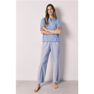 Pijama manga corta algodón pantalón rayas azul
