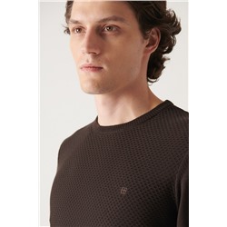 Kahverengi Bisiklet Yaka Önü Dokulu Pamuklu Triko Kazak