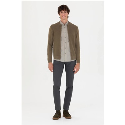 Erkek Haki Melanj Basic Triko Hırka