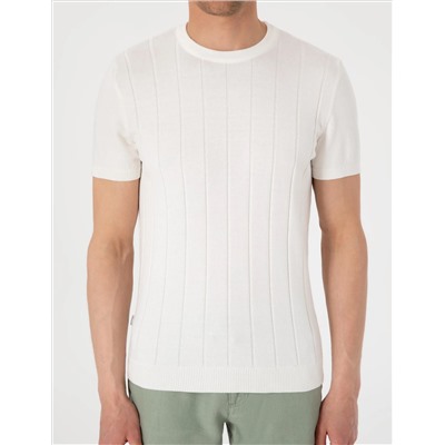 Ekru Slim Fit %100 Pamuk Bisiklet Yaka Triko Tişört
