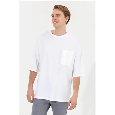 Erkek Beyaz Oversize Bisiklet Yaka Tişört