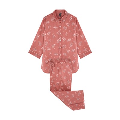 Pijama camisero largo satén naranja