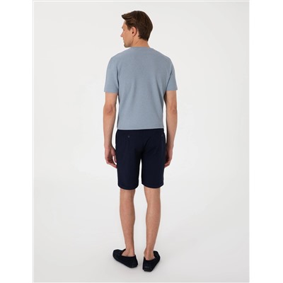 Lacivert Slim Fit Beli Lastikli Bağcıklı Dokuma Şort