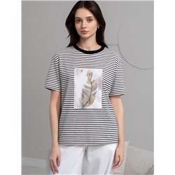 Свободная футболка в черно-белую полоску с принтом из премиального хлопка с эластаном