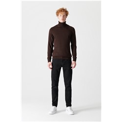 Kahverengi Tam Balıkçı Yaka Tüylenmeyen Triko Kazak