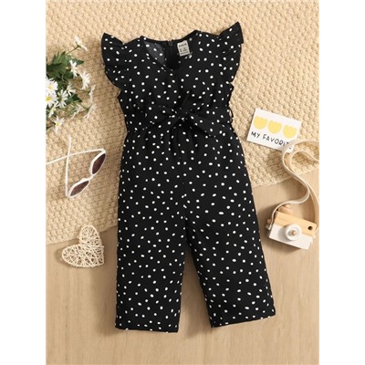SHEIN Baby Polka Dot Ruffle Sleeve Belted Jumpsuit