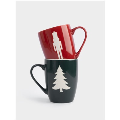 Кружка, 380 мл, 2 шт, фарфор N, зеленая/бордовая, Елка/Щелкунчик, New year