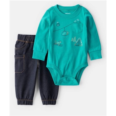 Baby Boy 2-Piece Skiing Print Long-Sleeve Bodysuit & Pant Set - Blue
