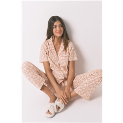 Pijama camisero 100% algodón flores naranja