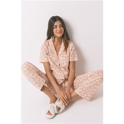 Pijama camisero 100% algodón flores naranja