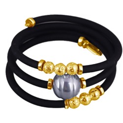 Браслет Гевея (Майорка 16мм серо-голубая, каучук черный; покрытие золото), Есть комплект