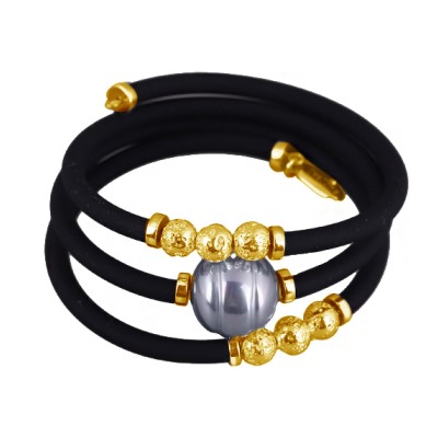 Браслет Гевея (Майорка 16мм серо-голубая, каучук черный; покрытие золото), Есть комплект