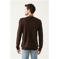 Kahverengi Bisiklet Yaka Önü Dokulu Regular Fit Triko Kazak