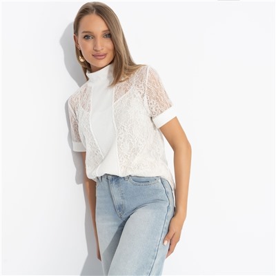 Футболка полупрозрачная с кружевом, Фирменное приветствие (white)