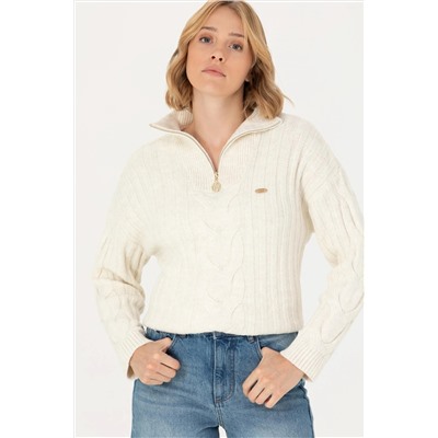Kadın Krem V - Yaka Kazak