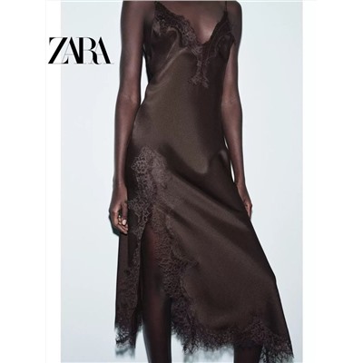 Женское атласное платье комбинация  с асимметричным разрезом спереди, кружевной отделкой и V-образным вырезом (2 цвета)  ЗАР*А