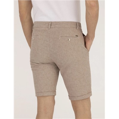 Açık Kahverengi Slim Fit Keten Karışımlı Çizgili Bağcıklı Bermuda Şort