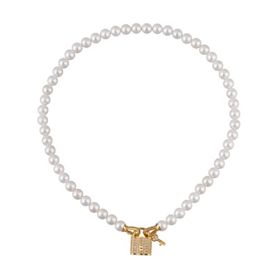 Колье (Майорка белая 8мм, белый фианит; покрытие золото) 45см, Есть комплект