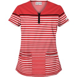 UA Sassy Stripes Poppy Y-Neck Print Scrub Top
