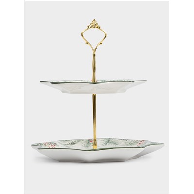 Подставка для пирожных, 25х20/24 см, 2 яруса, керамика D/металл, Еловые ветки, Festival