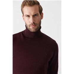 Bordo Tam Balıkçı Yaka Tüylenmeyen Triko Kazak