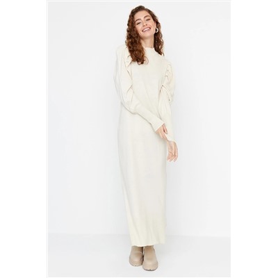 TRENDYOL MODEST Taş Bisiklet Yaka Omzu Büzgülü Triko Elbise TCTAW23EB00047