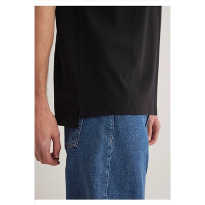 Mavi Cep Detaylı Siyah Tişört Loose Fit / Bol Rahat Kesim 066248-900