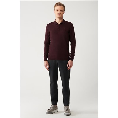 Bordo 3 Düğmeli Polo Yaka Regular Fit Standart Kesim Triko Kazak