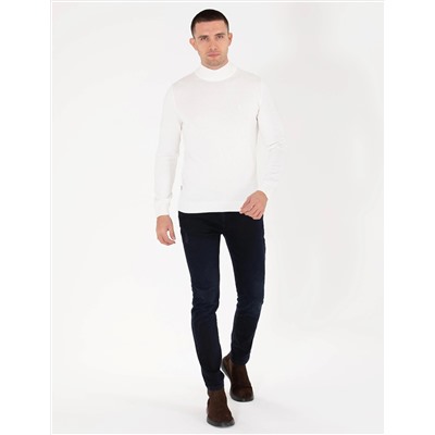 Ekru Slim Fit Yarım Balıkçı Basic Triko Kazak